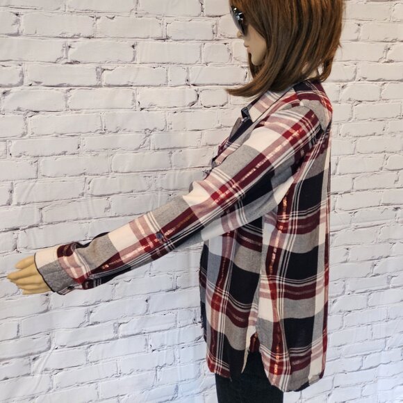 CLEO, Plaid navy/burgundy button down top with slight metallic thread detailing - Picture 6 of 8